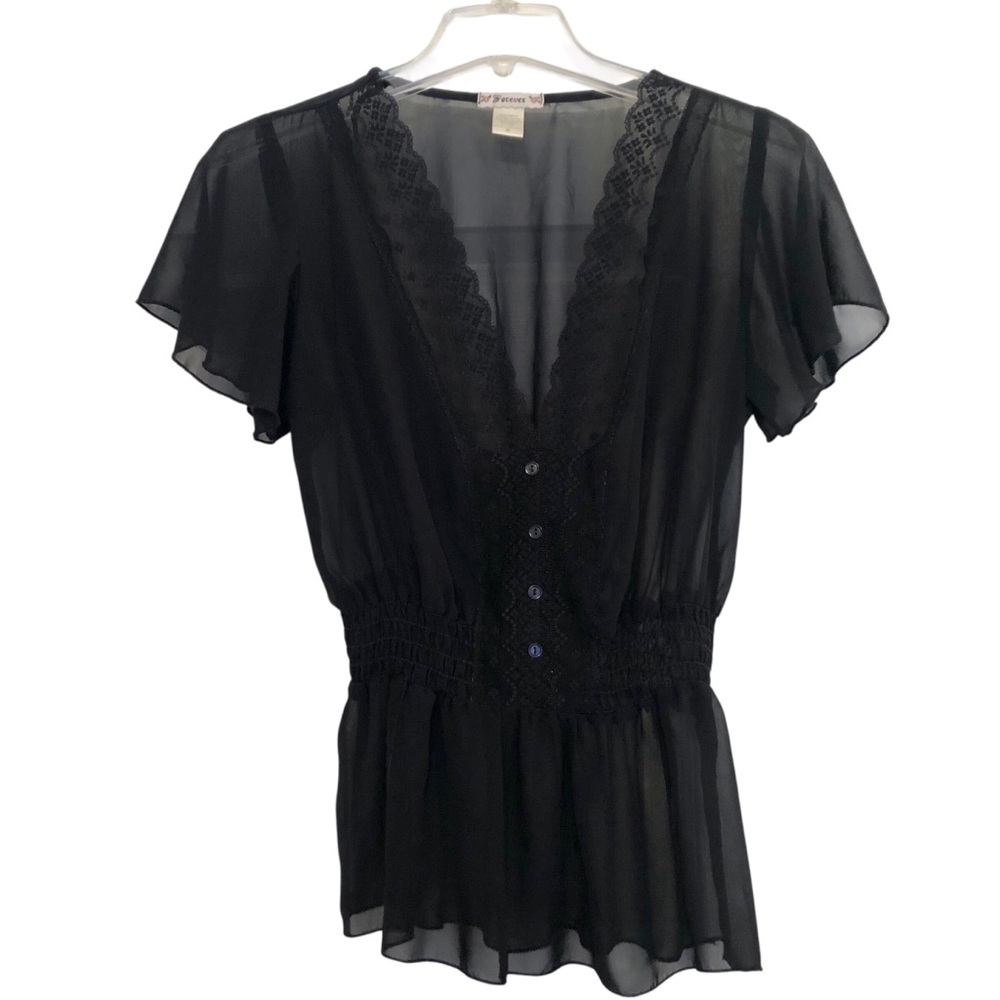 Whimsigoth Sheer Black Top with Lace Trim Size M
